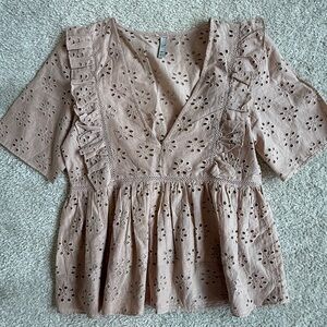 Zara Ruffled Eyelet Blouse - Light Brown